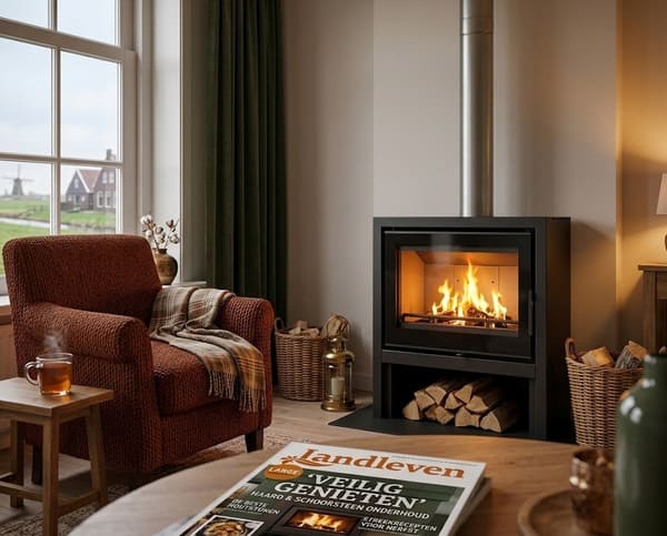 woonkamer met een schoon geveegd schoorsteen